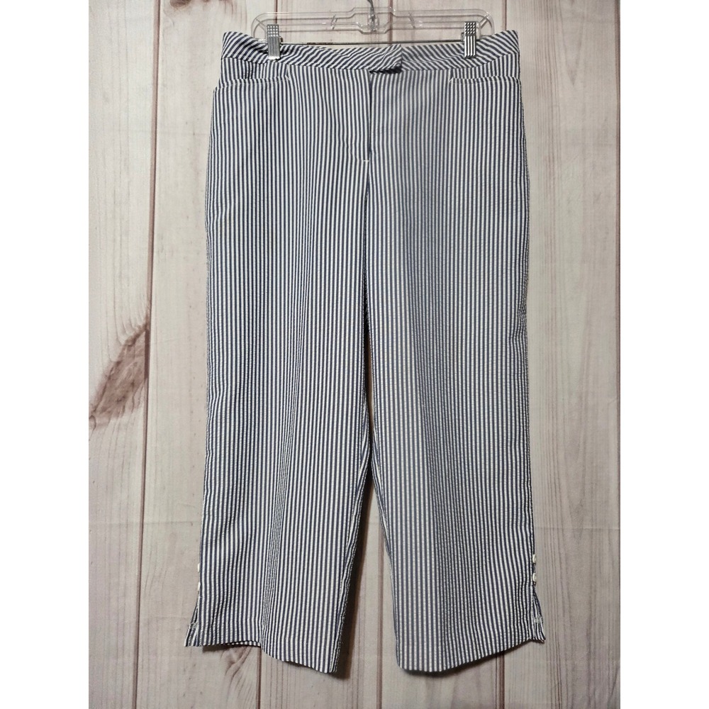 Sag Harbor Womens Seersucker Striped Cropped Pants Navy White Button Hem Sz 10